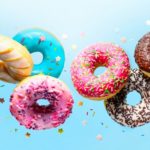 Colourful donuts displayed